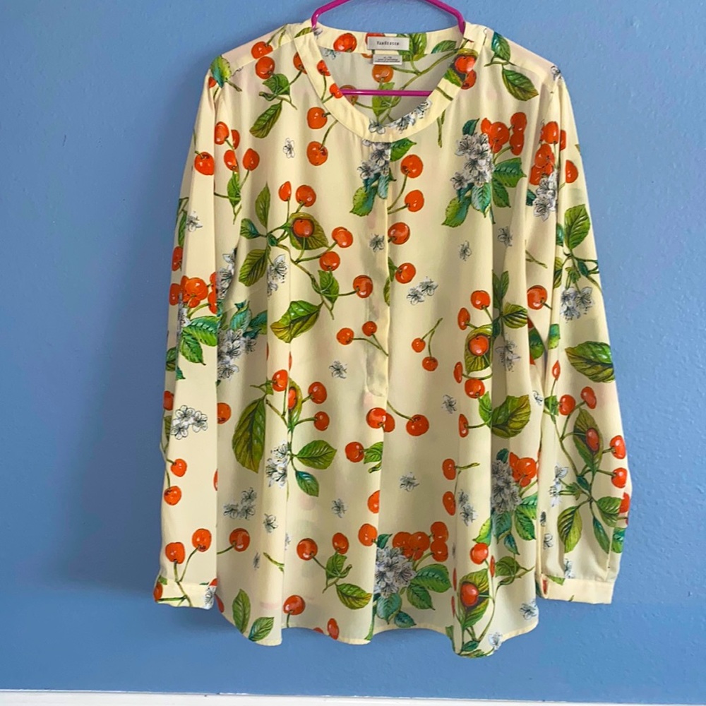 VanHeusen, Long sleeve cherries blouse, XL with hidden front buttons.